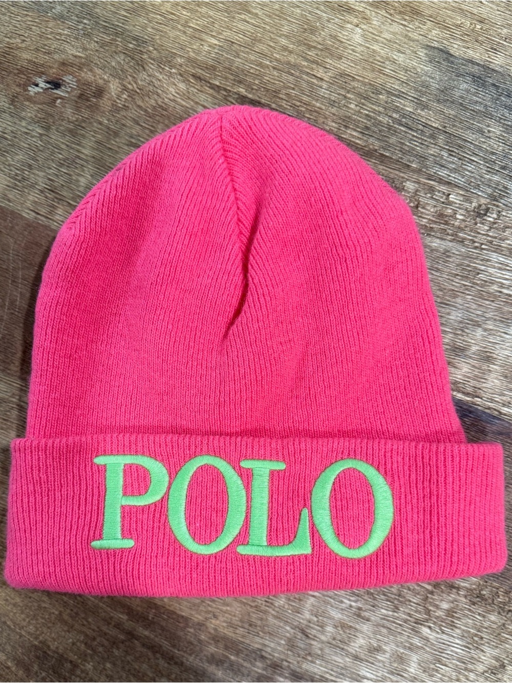 Polo by Ralph Lauren Neon Pink Knit Beanie with Lime Logo